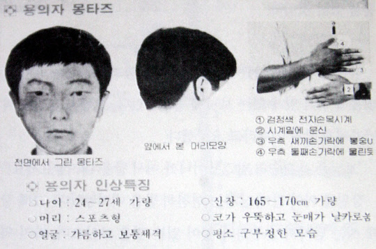 지난 1980년대 전국을 공포로 몰아넣고 우리나라 범죄사상 최악의 미제사건으로 남았던 화성연쇄살인사건의 유력 용의자가 드러났다. 18일 경기남부지방경찰청은 이 사건의 유력한 용의자로 현재 수감 중인 A(50대) 씨를 특정했다고 밝혔다. 사진은 7차 사건 당시 용의자 몽타주 수배전단. <연합뉴스>